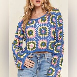 BLUE Granny Square Cropped Crochet Sweater
